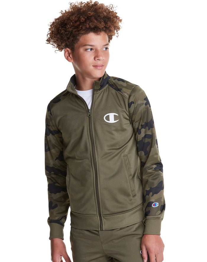 Champion Drenge Jakke Olivengrøn - Camo Track C + Script Logo - Danmark GMY-742360